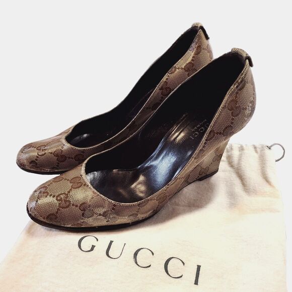 Gucci [Authentic] Brown Leather GG Monogram Printed VTG Wedges, Size EU 37/US 7 - Picture 1 of 9
